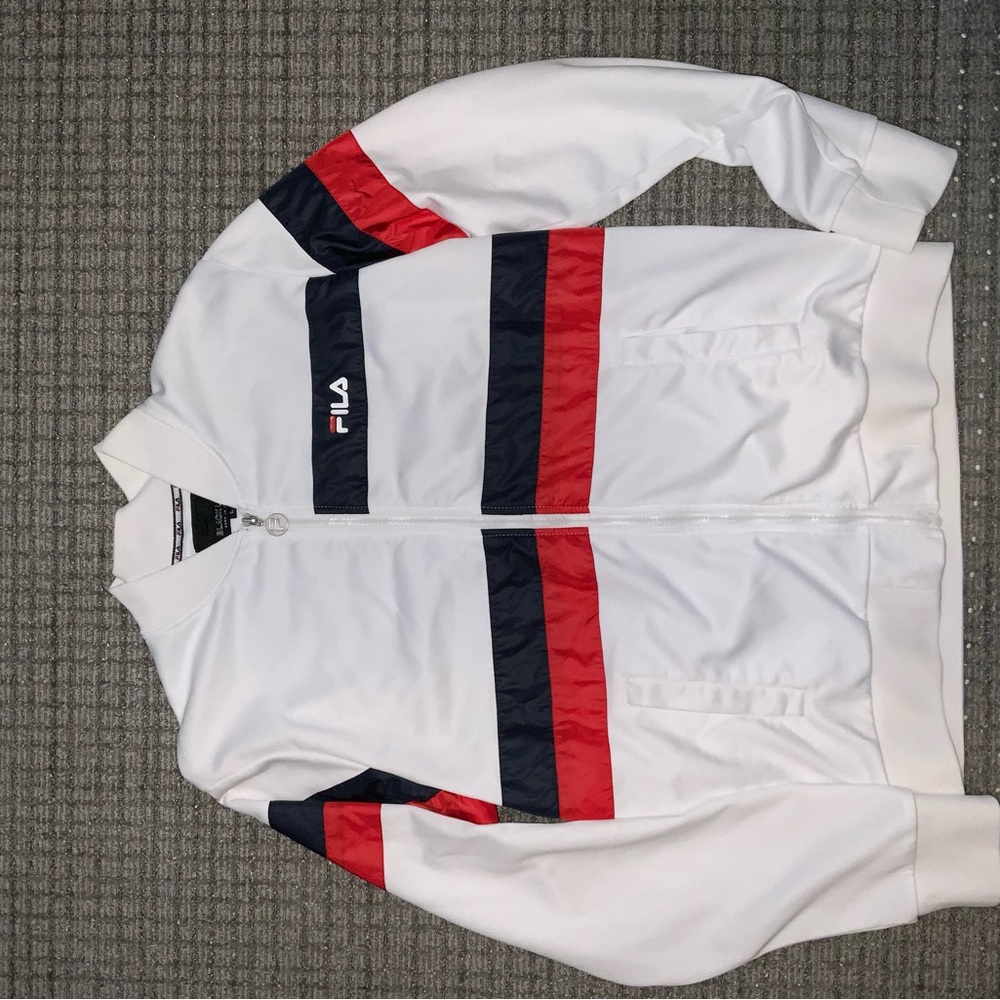 Fila White Bomber Jacket with Red & Navy Stripes